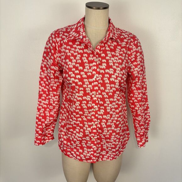 Talbots Womens MP Shirt Pink Elephant Print Top Blouse Button Roll-Tab Cotton - Picture 1 of 7